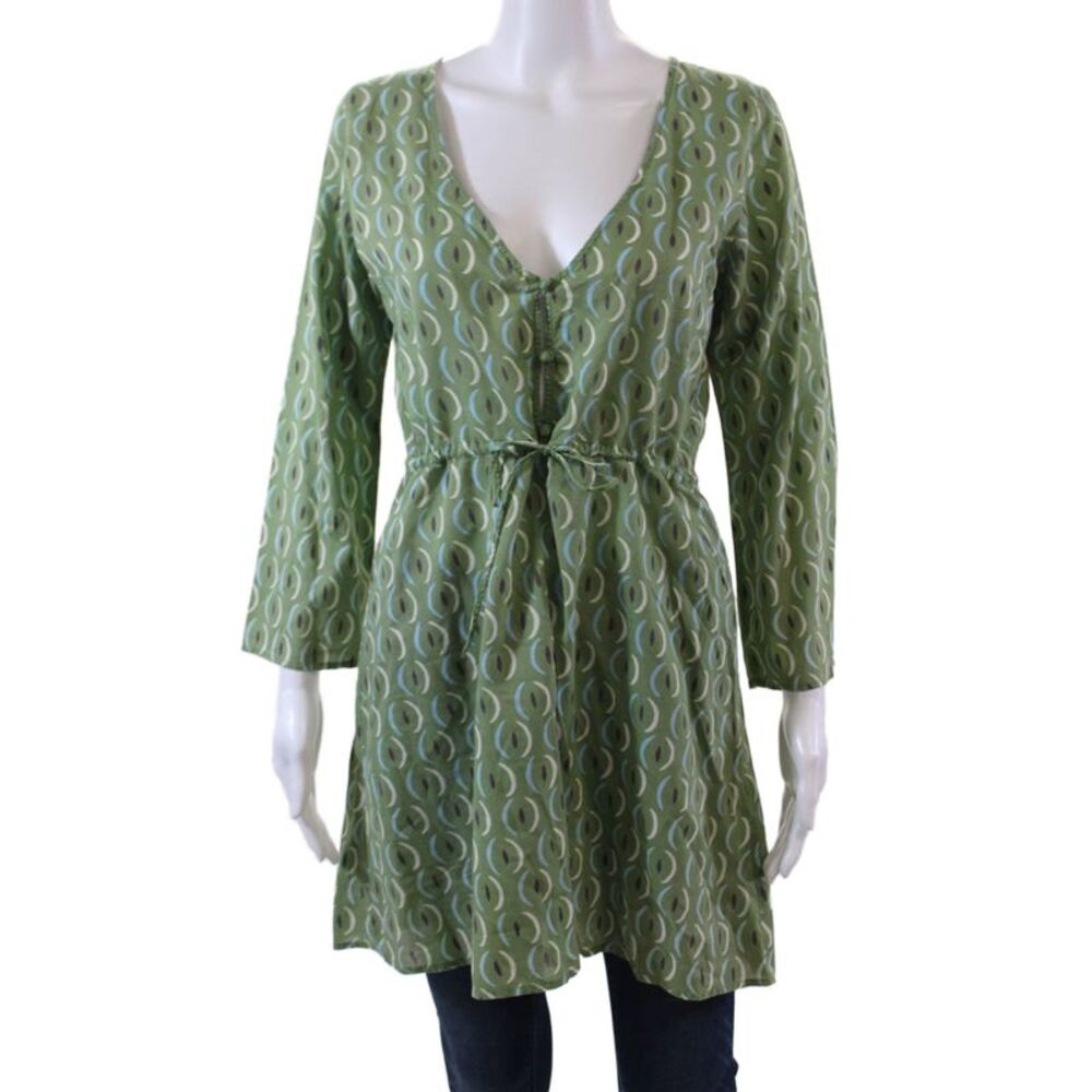 Allegra Hicks Womens Long Sleeve V-neck Abstract Tunic Blouse Green Size 12